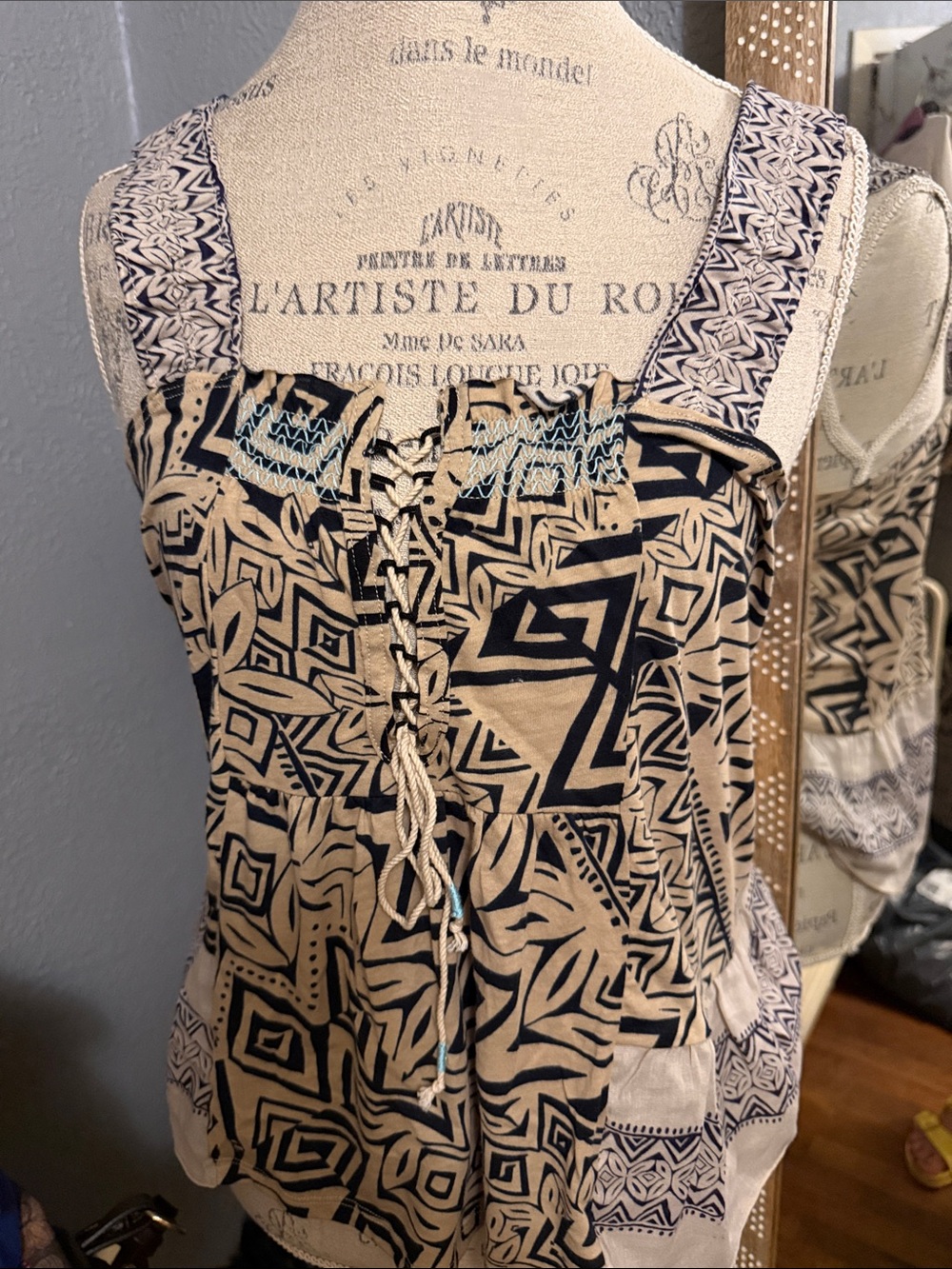 Free People | Beige and Black Geometric Lace-Up Tank